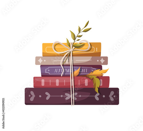 Card with books for Bookstore, bookshop, library, book lover, bibliophile. Isolated vector illustration for card, postcard, poster, banner.