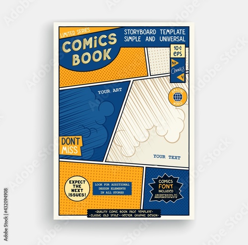 Comic book page template. Classic storyboard artwork. Comics magazine cover. Vector graphics