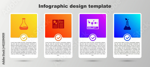 Set Test tube and flask, Clinical record, Chemical formula and Plant breeding. Business infographic template. Vector