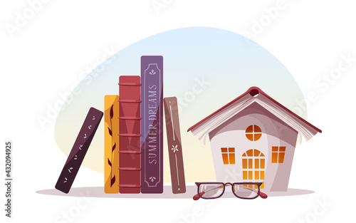 Card with stack of books, glasses, decorative house. Bookstore, bookshop, library, book lover, bibliophile, education concept. Isolated vector illustration for card, postcard, poster, banner.