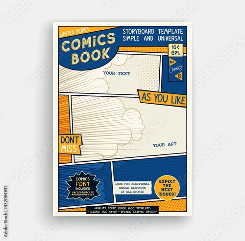 Comic book page template. Classic storyboard artwork. Comics magazine cover. Vector graphics