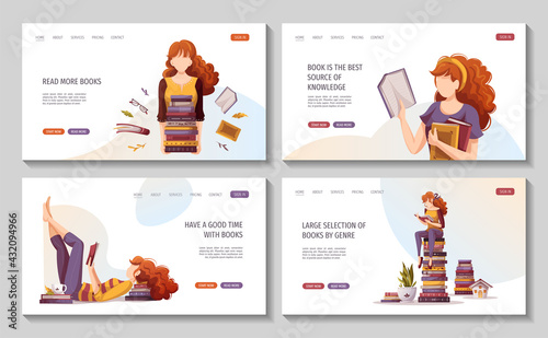 Set of web pages with reading women and books. Bookstore, bookshop, library, book lover, bibliophile, education concept. Vector illustration for poster, banner, website, advertising.