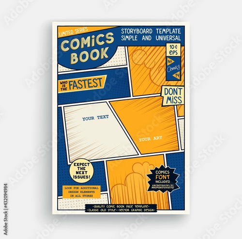 Comic book page template. Classic storyboard artwork. Comics magazine cover. Vector graphics