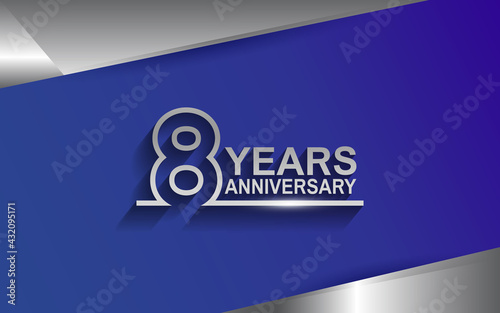 8 years anniversary silver color line style isolated on blue background for template, company celebration, special moment and greeting card