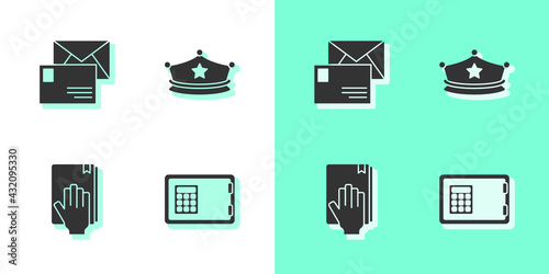 Set Safe, Envelope, Oath on the Holy Bible and Police cap with cockade icon. Vector