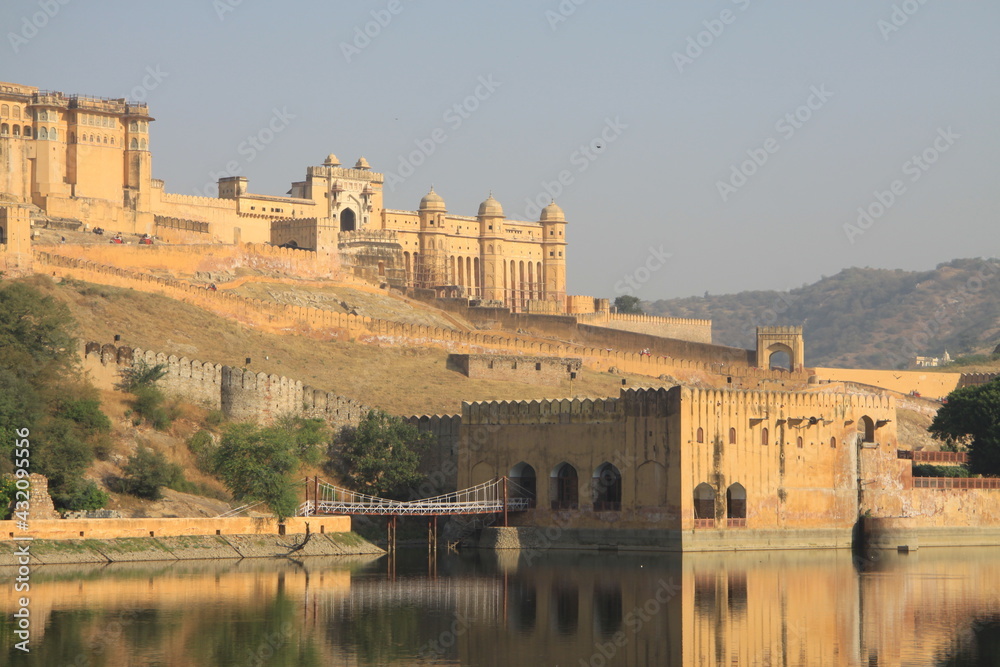 The Amber palace or fort, a famous tourist destination in the town of Amber or Amer near Jaipur in the Rajasthan state of India 
