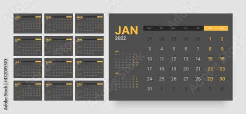 Wall or desk calendar template for 2022 with week start on Monday. In dark colors.