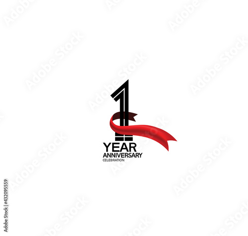 1 year anniversary logotype flat black color and red ribbon on white background can be use for template greeting card, invitation and celebration moment