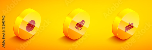 Set Isometric Beach ball, Baby dummy pacifier and Cake with burning candles icon. Vector