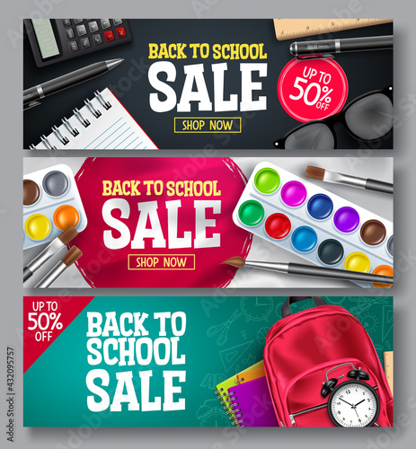 Back to school sale vector banner set. Back to school promo educational supplies for advertisement collection design. Vector illustration 