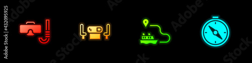 Set Diving mask and snorkel, Poker table, Ship line path and Compass icon. Vector