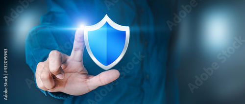 Data or network protection, business people press shield icon, virus security. Data protection and insurance Business security concepts, information security against virus.