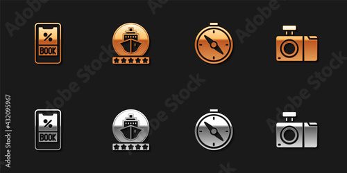 Set Cruise ticket, ship, Compass and Photo camera icon. Vector