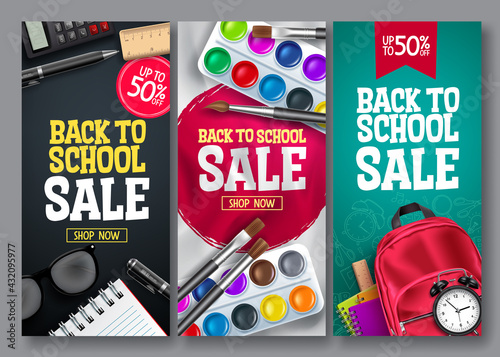 Back to school sale vector poster set. Back to school educational supplies promotion for advertising collection design. Vector illustration 