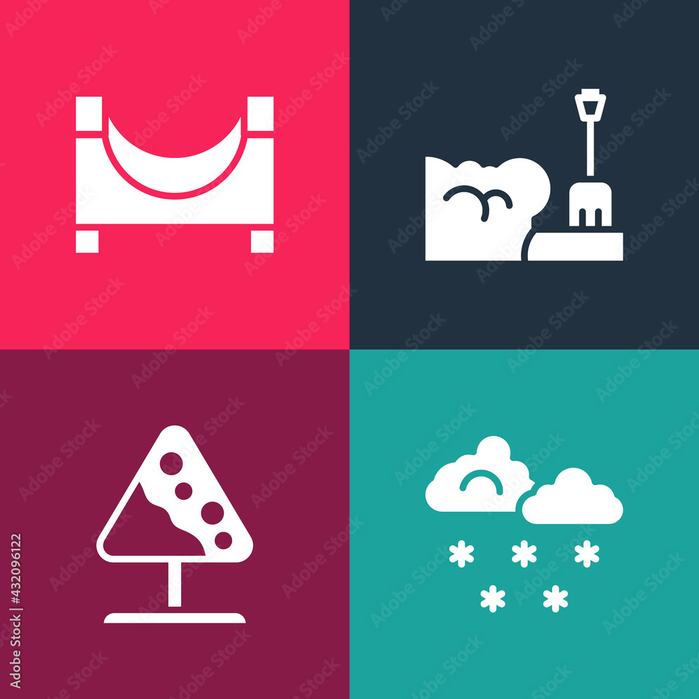 Fototapeta premium Set pop art Cloud with snow, Road sign avalanches, Shovel in snowdrift and Skate park icon. Vector