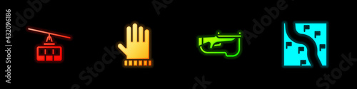 Set Cable car, Christmas mitten, Biathlon rifle and Route location icon. Vector