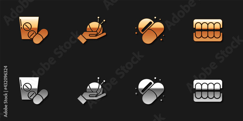 Set Medicine pill or tablet, Yarn ball with knitting needles, and False jaw icon. Vector