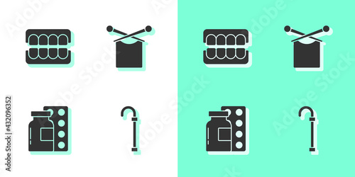 Set Walking stick cane, False jaw, Pills blister pack and Knitting icon. Vector