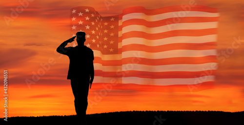 USA army soldier with nation flag. Greeting card for Veterans Day , Memorial Day, Independence Day . America celebration.