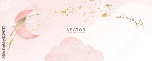 minimal background in pink moon and star golden metallic texture gallery wall art vector design in frame for home decorate