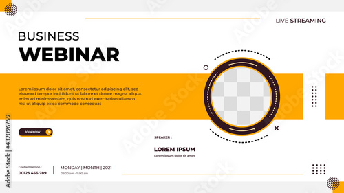 Business webinar banner template for website with circle frame and minimalist concept of geometric shapes