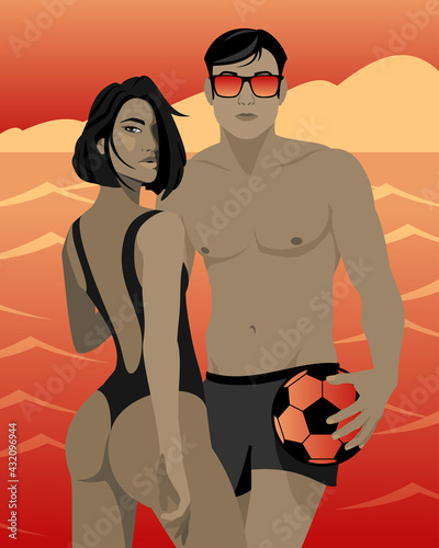 Asian couple in love stands on the background of the sunset next to the ocean. A man with glasses and a ball in his hand hugs a girl. Summer evening relaxation.