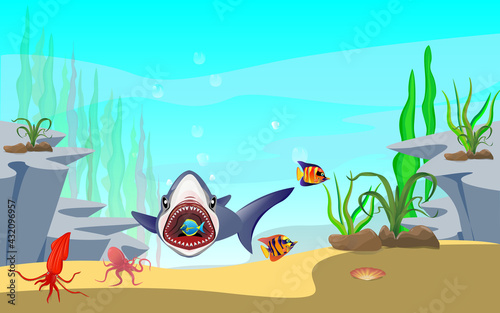 underwater,undersea illustration and life. the beauty of marine life. fish, algae and coral reefs are beautiful and colorful. Seamless underwater cartoon vector illustration