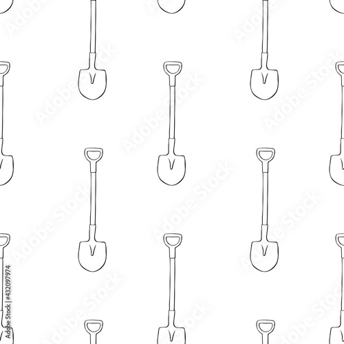 Seamless pattern with garden shovels, spades, scoops. Vector backgrounds and textures with tools for working on the farm, in dacha, country site in flat doodle style. Hand drawn isolated illustration