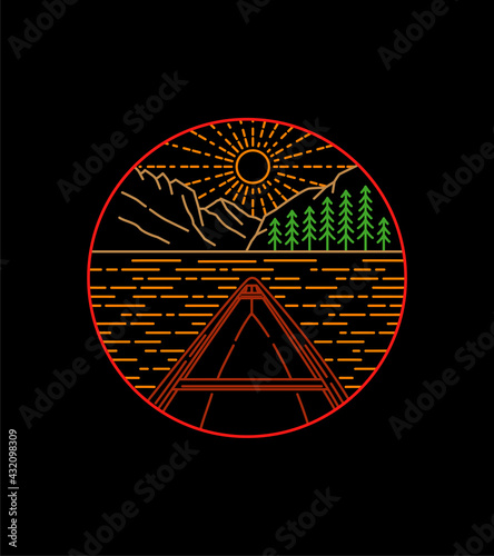 great view of canoes and islands on a clear day in line badge patch pin graphic illustration vector art t-shirt design