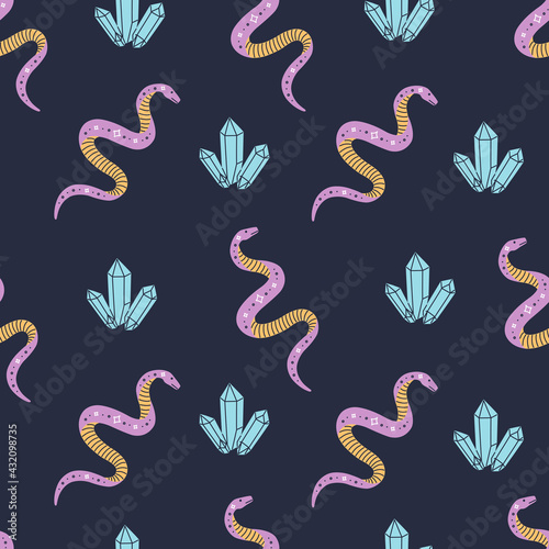 Seamless pattern with magic symbols snake and crystal, cute mystic hand drawn repeat wallpaper in modern style. Witchcraft vector illustration for fabric, textile and wrapping paper on blue background