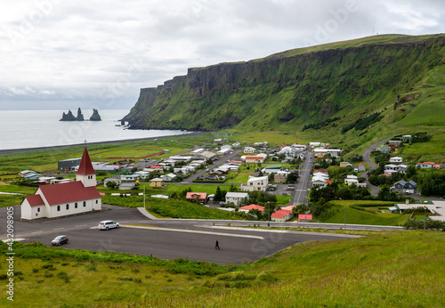  The small resort community of Vik, Iceland, lying on the Atlantic Ocean on Iceland's South coast