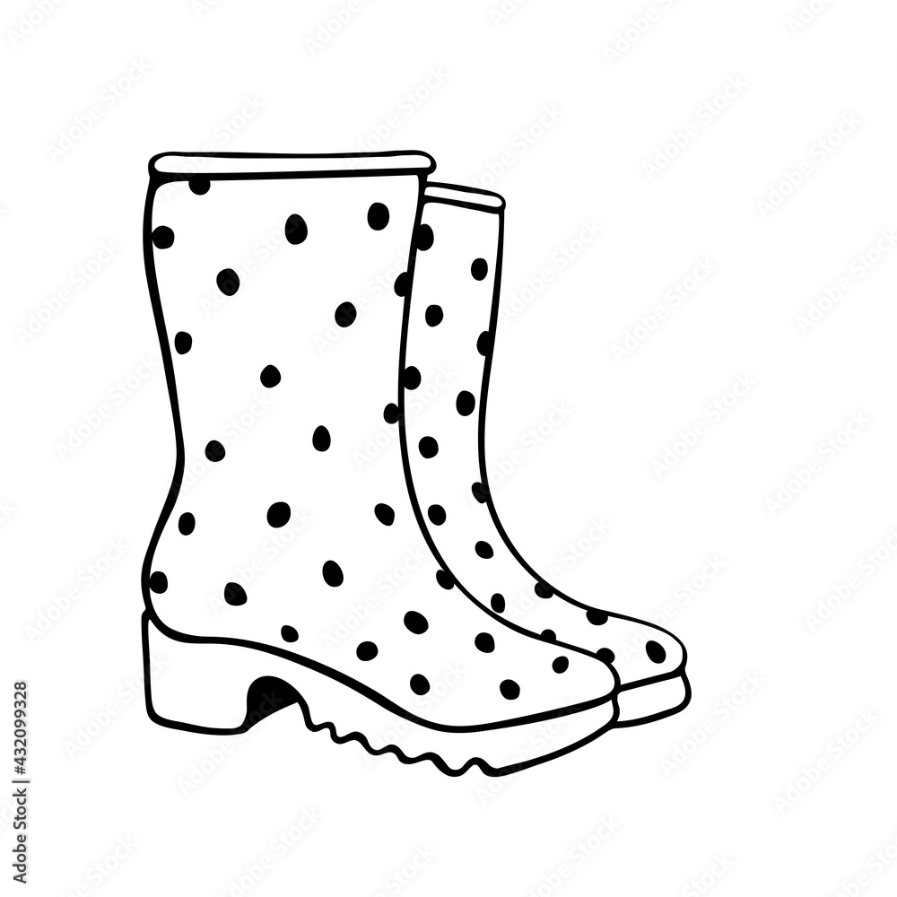 Vector outline polka dot rubber rain boots for rainy weather or gardening. Hand drawn element of clothes, clip art in doodle style, isolated