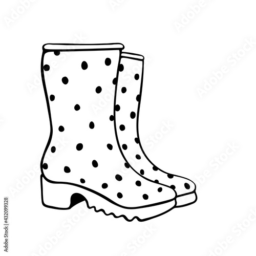 Vector outline polka dot rubber rain boots for rainy weather or gardening. Hand drawn element of clothes, clip art in doodle style, isolated