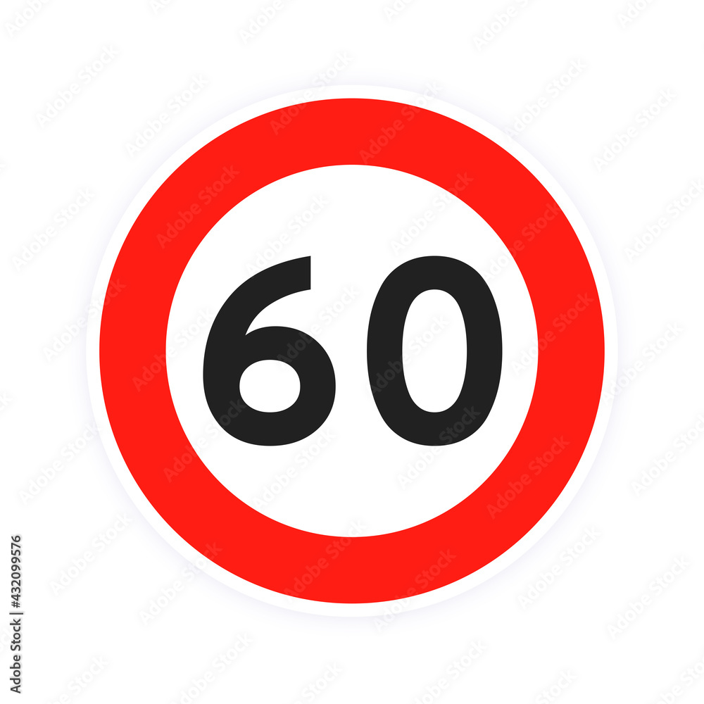 Speed limit 60 round road traffic icon sign flat style design vector illustration isolated on white background. Circle standard road sign with number 60 kmh. Speed limit 60 round road traffic icon sign flat style design vector illustration isolated on white background. Circle standard road sign with number 60 kmh.