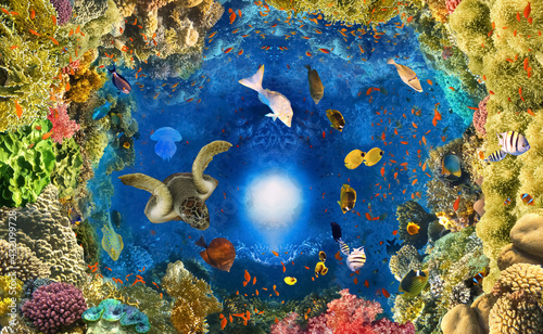Fototapeta Naklejka Na Ścianę i Meble -  underwater paradise background - coral reef wildlife nature collage with sea turtle and colorful fish background