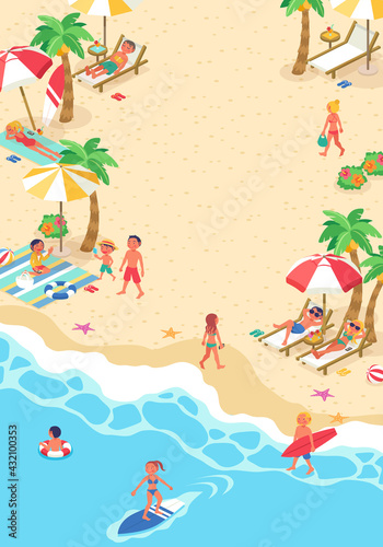 夏の海に海水浴に来た大勢の人々の生活風景のベクターイラスト(アイソメトリック、アイソメ) 