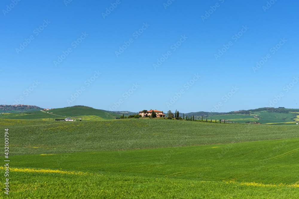 Beautiful farmland rural landscape, cypress trees and colorful spring flowers in Tuscany, Italy. Typical rural house.