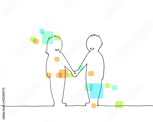 手をつなぐ線画イラスト　色付き