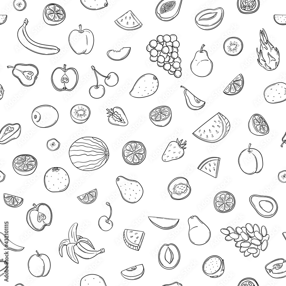 Seamless pattern of juicy summer berries and fruits in hand-drawn doodle style. Fresh vitamins, citrus fruits. Vegan, vegetarian, raw food. Flat vector illustration isolated on white background. Seamless pattern of juicy summer berries and fruits in hand-drawn doodle style. Fresh vitamins, citrus fruits. Vegan, vegetarian, raw food. Flat vector illustration isolated on white background.