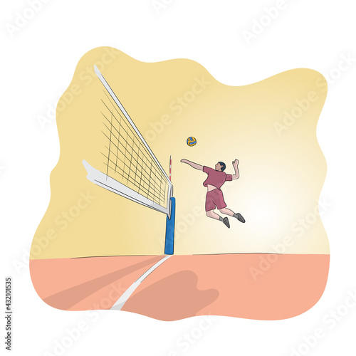 sport man jumping high for spike while playing volleyball in court hand drawn illustration vector