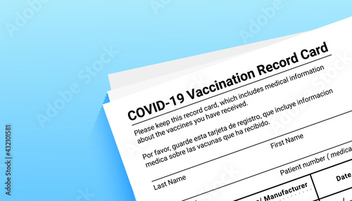 Coronavirus vaccination record card on a blue background with copy space for travel and movement without borders. Vaccination form during the coronavirus covid 19 epidemic