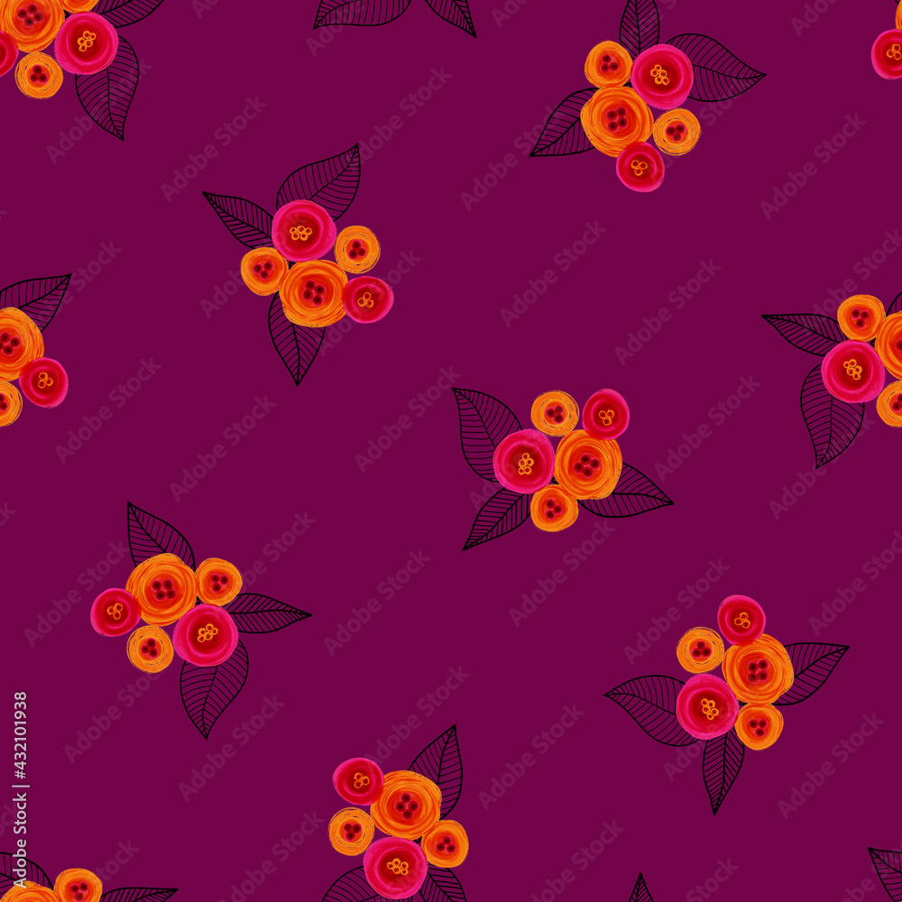 Pink orange purple floral seamless pattern. Painted flowers repeating background. Seamless surface pattern design for textile, fashion, fabric, wallpaper, summer.
