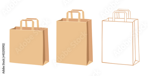 brown paper bag, eco package shopping bag set vector illustration isolated