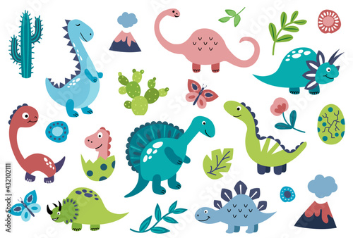 Set of cute hand drawn dinosaurs. White background, isolate. Vector illustration. Flat style. photo
