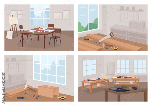 Art and craft workshops flat color vector illustration set. Learn new hobby. Florist shop. Carpentry, woodworking. Classroom 2D cartoon interior with no people on background collection