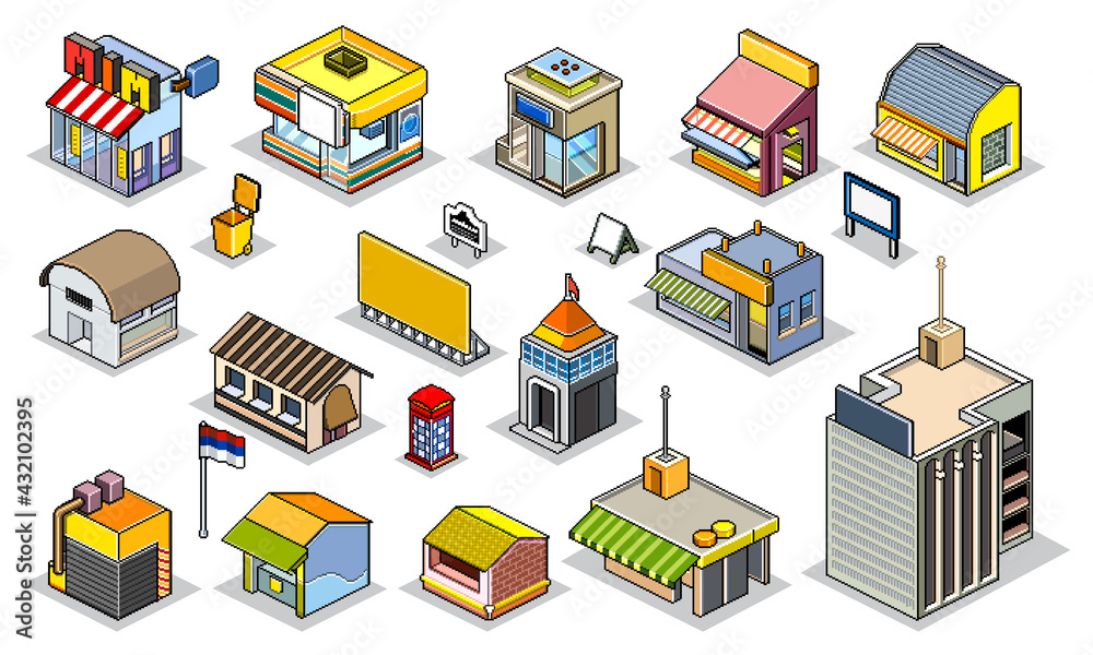 Pixels art of isometric buildings, Pixel art city for games icons high detailedVector Illustration Pixels art of isometric buildings, Pixel art city for games icons high detailedVector Illustration