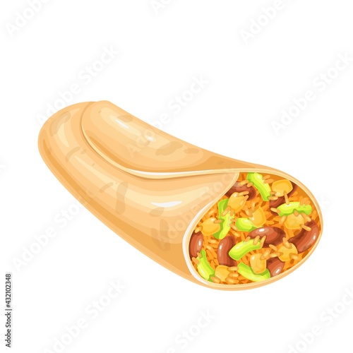 Tortilla mexican dish vector illustration, Burritos with beans corn avocado rice.