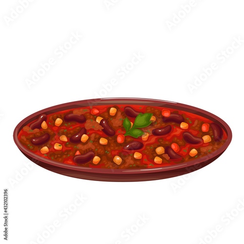 Chili Con Carne in bowl vector illustration. Traditional Mexican cuisine.