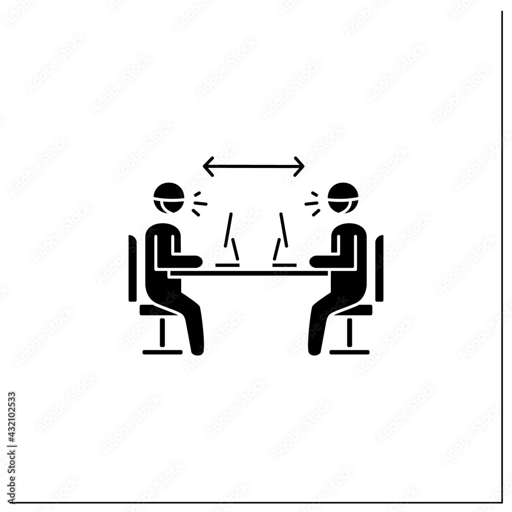 Office distance glyph icon.Coughing office workers.Concept of covid infection prevention,openspace and coworking social distancing instruction.Filled flat sign. Isolated silhouette vector illustration Office distance glyph icon.Coughing office workers.Concept of covid infection prevention,openspace and coworking social distancing instruction.Filled flat sign. Isolated silhouette vector illustration