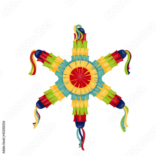 Mexican star pinata vector icon, Bright striped cartoon pinata illustration.
